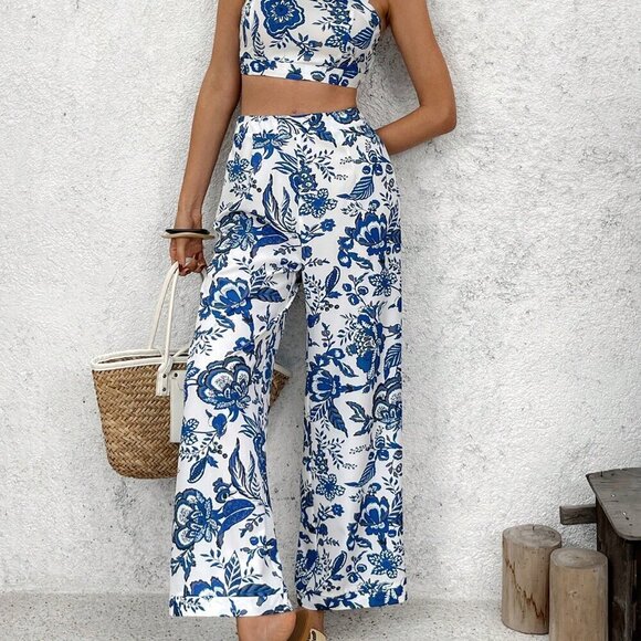 Blue Boho Women's Backless Zipper Camisole And Loose Printed Pants - Picture 5 of 6